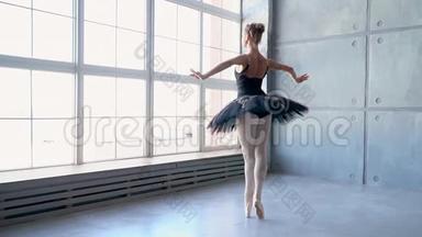 美丽富有表现力的芭蕾舞演员在演播室跳舞。 烟雾照片拍摄。 穿着粉色裙子的漂亮女孩芭蕾舞女
